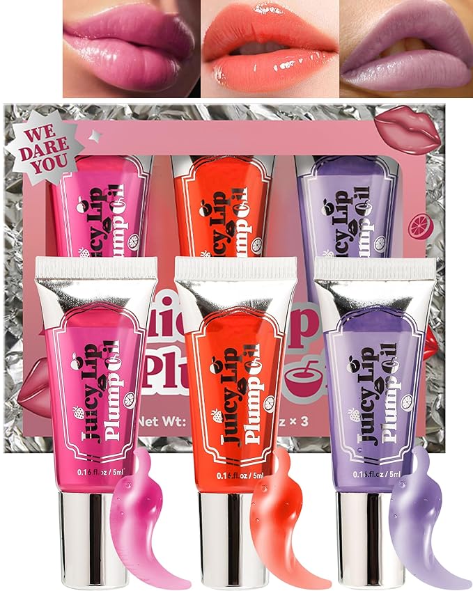 Plumping Lip Oil Kit-3Pcs Hydrating Glossier Tinted Lip Gloss,Long Lasting Lip Plumper and Pout Booster LIpgloss, Moisturizing Non-Sticky Natural Fuller Lip Tint Stain, Makeup Gift for Women-Set B