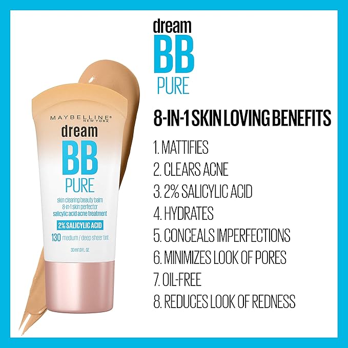 Maybelline Dream Pure Skin Clearing BB Cream, 8-in-1 Skin Perfecting Beauty Balm With 2% Salicylic Acid, Sheer Tint Coverage, Oil-Free, Medium, 1 Count