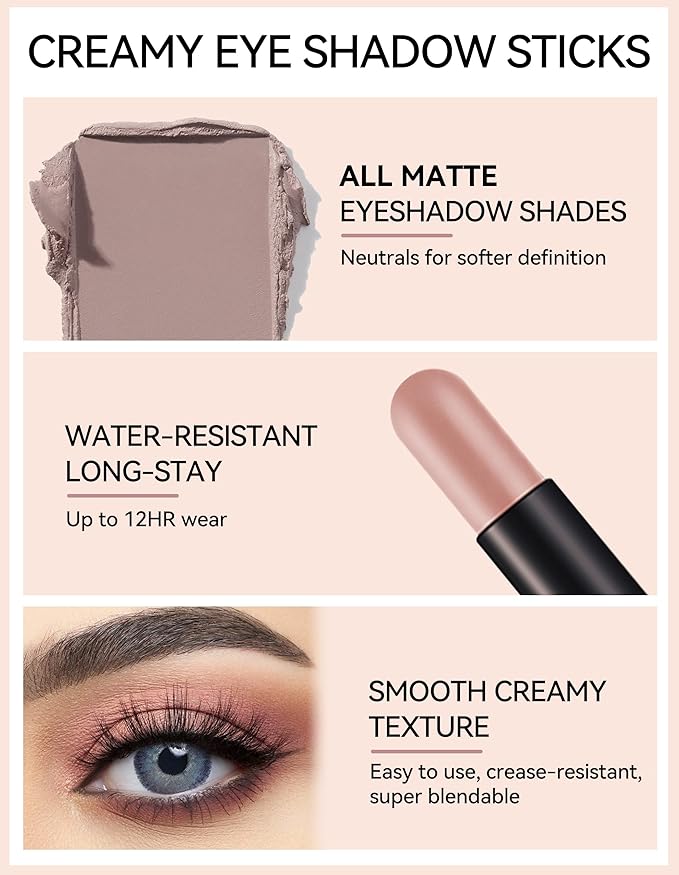 Erinde Waterproof Cream Eyeshadow Stick, Matte Nude Eye Shadow Sticks, Longwear Blendable High Pigmented, Neutral Eye Shadow Sticks Matte for Older Eyes, Smokey Eyeshadow Pencil Crayon, 11 Rose Nude