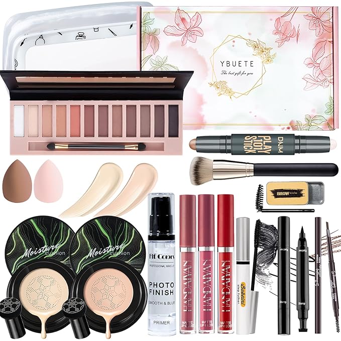 Makeup Kit Set for Women, Makeup Present for Women Teens Girl, Eyeshadow Palette Air Cushion CC Cream Primer Brush Spong Contour Lipstick Eyebrow Soap Mascara Eyeliner C