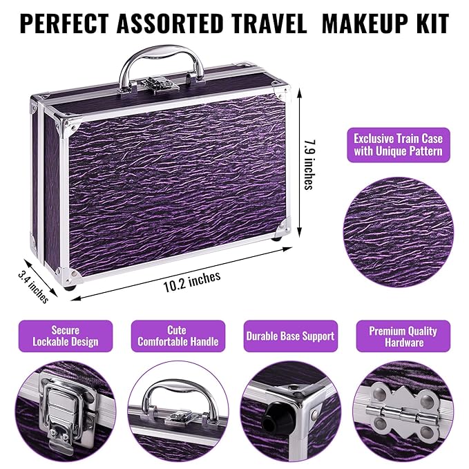 Makeup Kit for Teen Girls & Women Full Kit, Beauty Train Case with Starter Cosmetic Set, Make Up Valentine's Day Gift Box with Eyeshadow,Lipgloss,Highlighter,Blush,Lip&Eye Pencils,Brush & More(Purple)