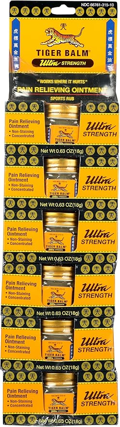 Tiger Balm Ultra Strength Rub Balm, Alcohol Free, Cruelty Free, 0.63 Ounce (Pack of 6)