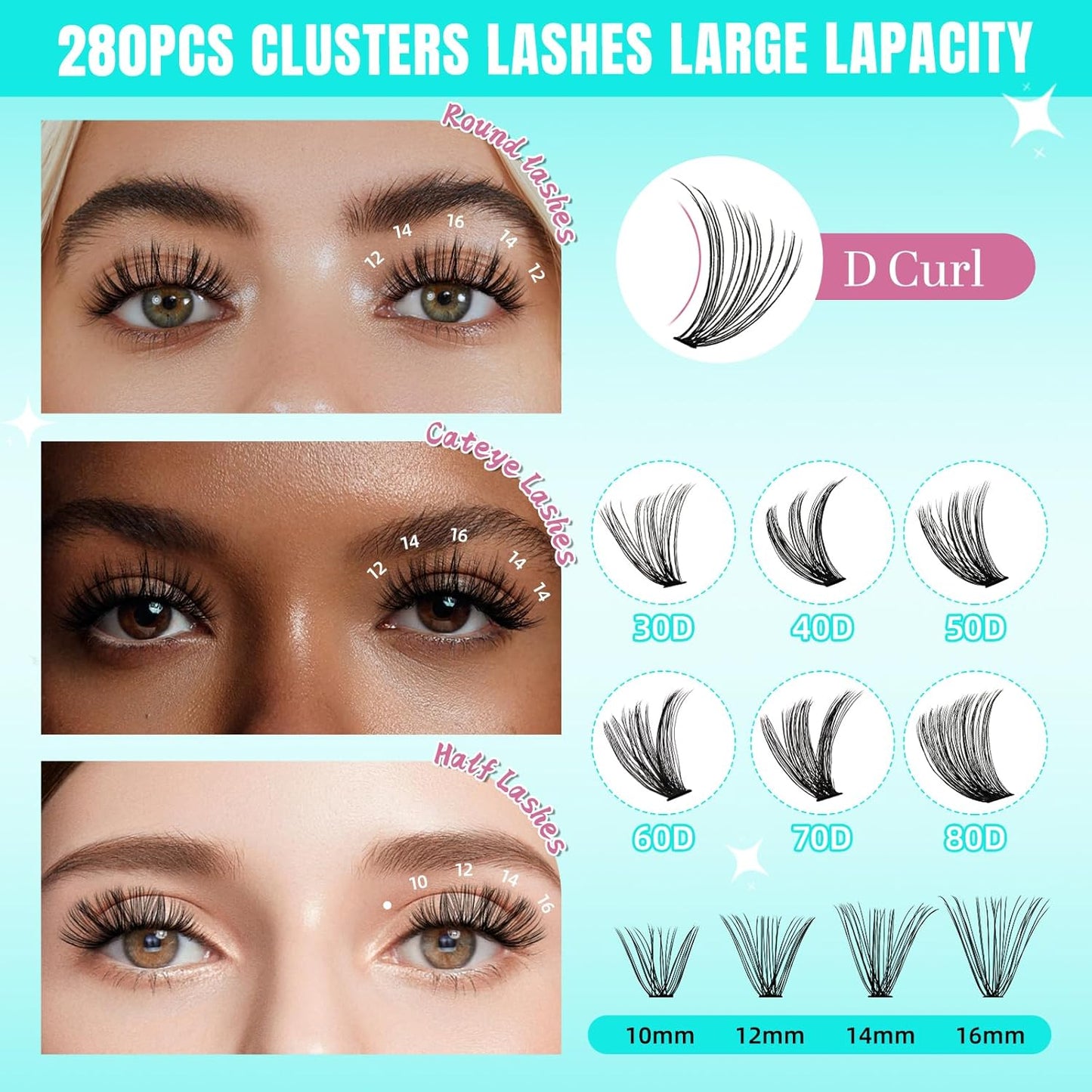 Lash Clusters Wispy 280PCS Eyelash Extension 30D Cluster Lashes Individual Lashes DIY Lash Extension Natural Look Cluster Eyelash Extensions Soft False Eyelashes at Home for Beginners(10mm)
