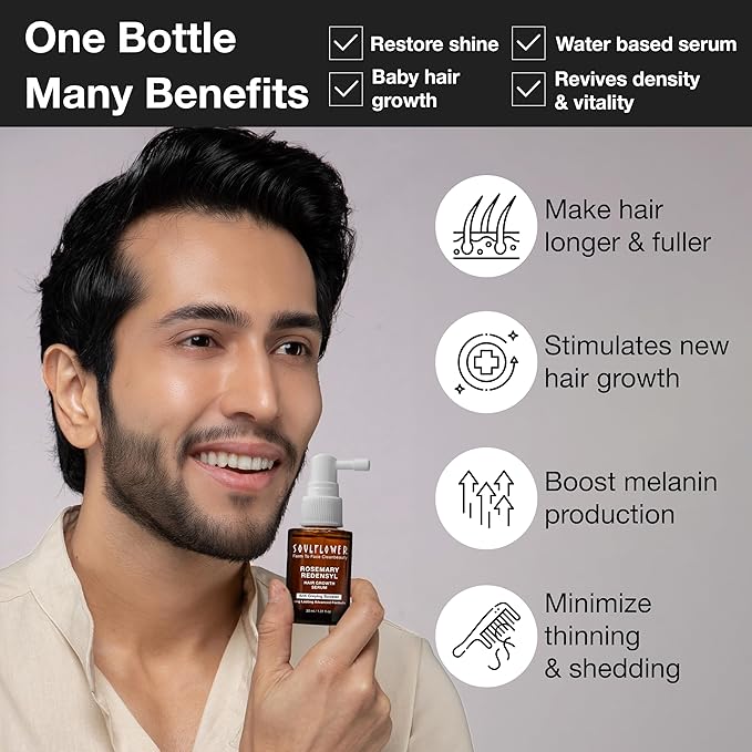 Soulflower Rosemary Redensyl Hair Growth Serum | 3% Redensyl, 4% Anagain, Melanogray, Caffeine, Biotin, Keratin, Tea Tree, Chia Seeds, Rice Water | Men, Women | 30 ml