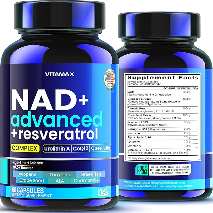 NAD Supplement Extra Strength - Liposomal + Resveratrol for Women & Men, CoQ10, Alpha Lipoic Acid, Green Tea, Quercetin, Urolithin A, Lycopene – High Purity Anti-Aging, Energy & Regeneration – 60ct