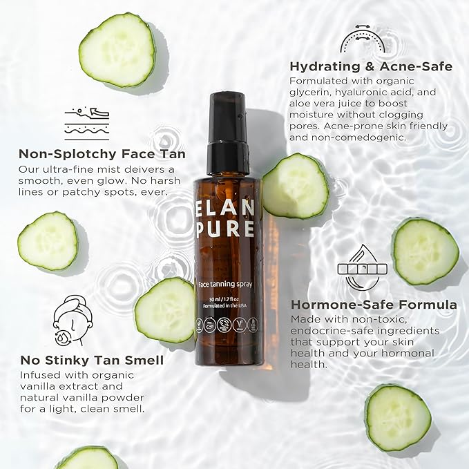 Face Tanning Mist, Organic Ingredients, Sunless Self Tanner, Bronzing, Hydrating, Steak-Free, Long Lasting Glow