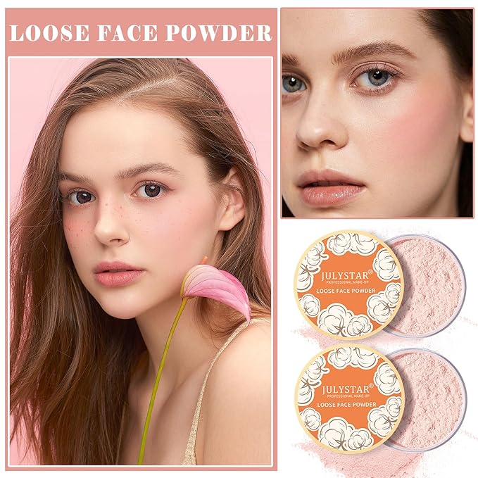 2PCS Pink Setting Powder Loose Face Powder Matte Soft Smooth Oil Control Long Lasting Loose Setting Powder Makeup for Natural Flawless（02# Pink Complexion）