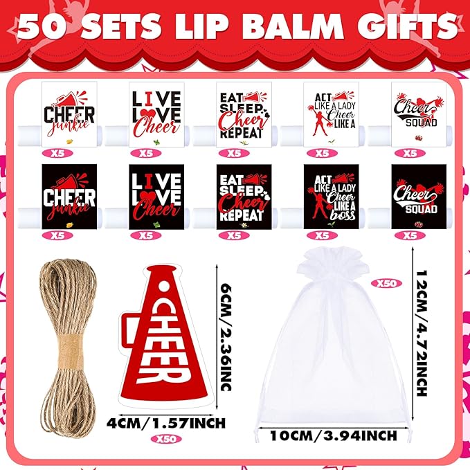 50 Sets Cheer Gifts Bulk 50 Cheer Lip Balm Bulk Moisturizing with 50 Organza Drawstring Gift Bags 50 Tags Cheerleader Gifts Cheer Gifts Bulk for Team (Red)