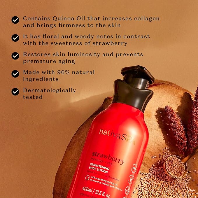 Nativa SPA by O Boticário, Ruby Strawberry Antioxidant Body Lotion, Brightening Vitamin C and Nourishment for Radiant Skin, 13.5 Ounce