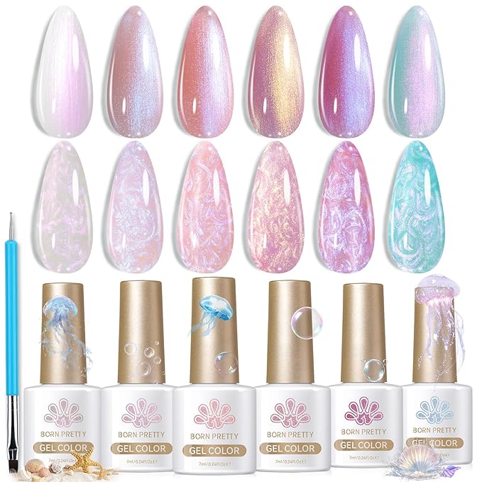 Born Pretty Pearl Gel Nail Polish Aurora Iridescent Glitter Shimmer Mermaid Pearl Gel Polish Drawing Gel Nail Polish Shell Swirl Thread Effect Nail Gel Soak Off Led Summer DIY Gift 6PCS