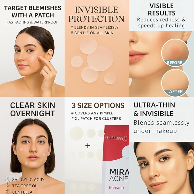 Miracle Patch - Invisible Pimple Patches for Face & Body,Fast-Acting Zit Stickers, Hydrocolloid Acne Treatment with Tea Tree Oil & Salicylic Acid–Waterproof, Hypoallergenic. 96 Counts 3 Sizes