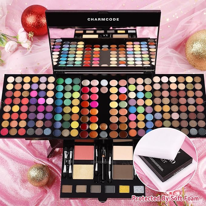 CHARMCODE 190 Colors Cosmetic Make up Palette Set Kit Combination with Eyeshadow Facial Blusher Eyebrow Powder Face Concealer Powder Eyeliner Pencil A Mirror All-in-One Makeup Gift Sets For Women