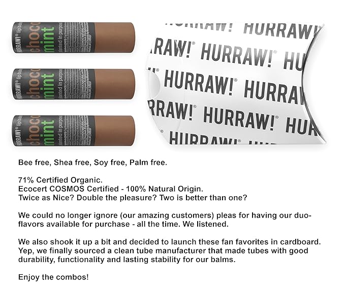 Hurraw! Chocolate & Mint Lip Balm, 3 Pack: Plastic-Free with new cardboard push-up tube. Certified Organic, All Natural Origin, Vegan & Cruelty Free. Gluten, Bee, Shea, Soy & Palm Free. Made in USA