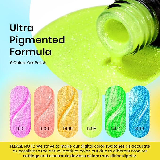 Beetles Glitter Gel Polish Set, 6 Colors Sparkling Water Shimmer Blue Green Pink Orange Glitter Neon Gel Polish Halloween Soak Off Nail Art Design Salon Home Manicure Gift for Girls Women