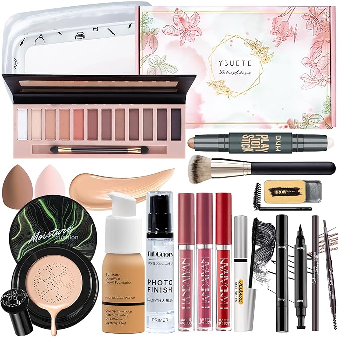 Makeup Kit Set for Women, Makeup Present for Women Teens Girl, Eyeshadow Palette Foundation CC Cream Primer Brush Spong Contour Lipstick Eyebrow Soap Mascara Eyeliner Cosmetic bag