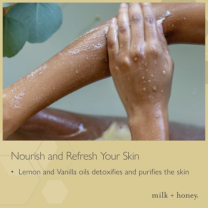 milk + honey Exfoliating Body Scrub No. 5 – Natural Sea Salt & Sugar Polish with Coconut, Lemon & Vanilla – Gentle Scrub for Sensitive Skin, Women & Men – 7 oz