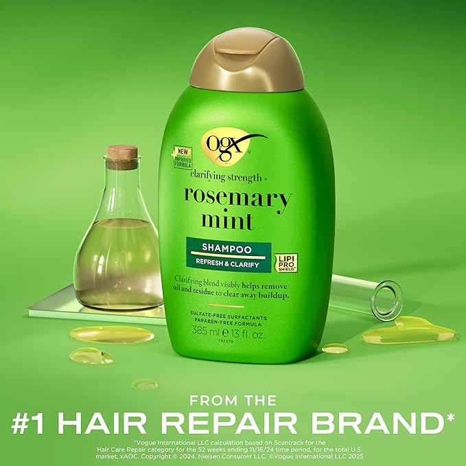 OGX Clarifying Strength + Rosemary Mint Shampoo, Clarifying Shampoo for Oily Hair Visibly Helps Remove Oil & Residue to Clear Away Buildup, Sulfate-Free Surfactants, 13 fl. oz