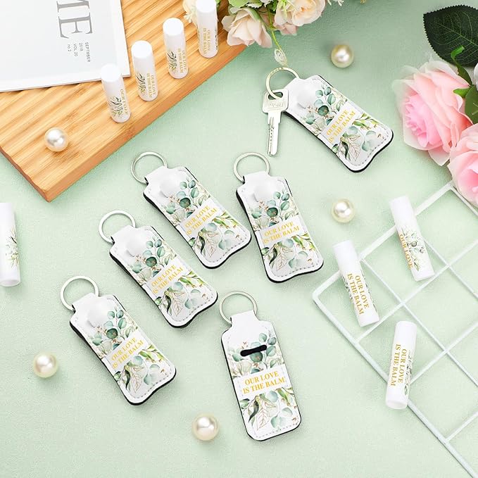 18 Sets Baby Shower Bridal Shower Favors for Guests Bulk Lip Balm and Lipstick Holder Keychains Set Baby Shower Bridal Shower Goodies Bags Thank You Gifts for Guests(Eucalyptus Wedding)