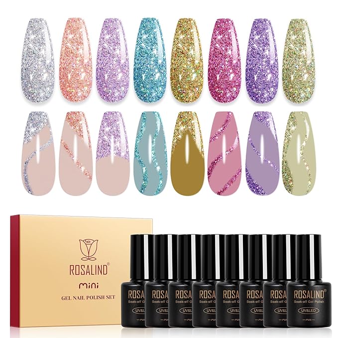 ROSALIND Glitter Gel Nail Polish, 8 Color Gold Glitter Gel Polish Sparkle Diamond Effect Sparkling Collection Soak Off Led Nail Art DIY Salon Gifts For Women