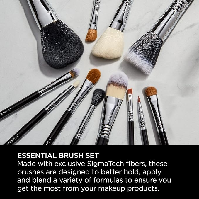 Sigma Beauty Essential Makeup Brushes Set – Professional Grade Makeup Brush Set with Premium Fibers and Sleek, Durable Handles for Face & Eyes, Includes 12 CK001 Black Makeup Brushes