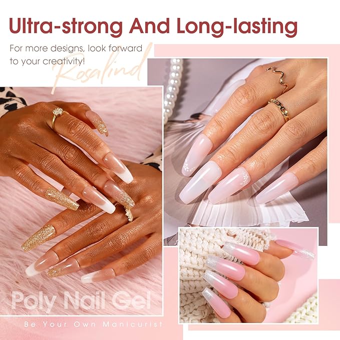 Poly Nail Gel Kit -20 Colors + 76 Nail Art Accessories ROSALIND Nude Clear Poly Nails Gel Kit Starter Kit with Slip Solution Nude Pink Nails Extensions with Mini UV Lamp