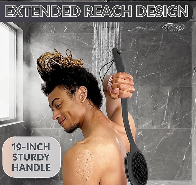 Avilana Silicone Body Scrubber – Gentle Shower Brush & Loofah Alternative- Food Grade & Lab Tested – Fast-Drying, Hygienic, BPA-Free Silicone Body Gentle Exfoliator (Lavender, Long Handle)