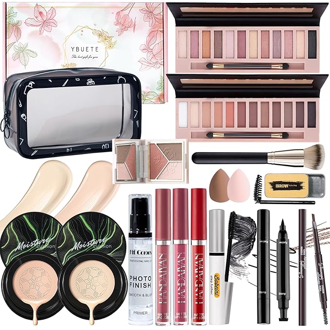 Makeup Set Kit for Women Full Kit, Makeup Present for Women Teen Girl, Eyeshadow CC Cream Face Primer Brush 3 in 1 Palette Lip Gloss, Eyebrow Soap Mascara Eyeliner Makeup bag