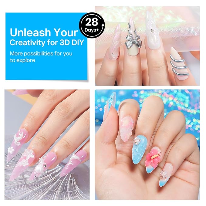 MIZHSE Solid Builder Gel for Nails, Clear 60g 3D Sculpting Gel for Nail Art Non-Sticky Molding Hard Gels UV LED Nail Charm with Gold Chrome Nail Powder and 3D Silicone Flower Mold Kit for DIY Salon