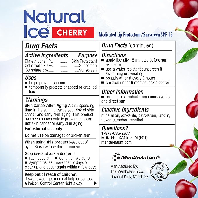 Natural Ice Cherry - SPF 15 lip balm, Cherry Flavor, 0.15 Ounce (Pack of 12)