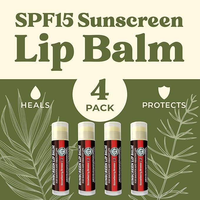 SPF Lip Balm 4-Pack by Earth's Daughter - Lip Sunscreen, SPF 15, Organic Ingredients, Strawberry Flavor, Beeswax, Coconut Oil, Vitamin E - Hypoallergenic, Paraben Free, Gluten Free