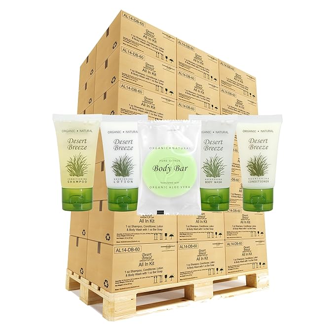 Desert Breeze Hotel Soaps and Toiletries Bulk Set | 1oz Hotel Shampoo & Conditioner, Body Wash, Body Lotion & Bar Soap | Full Pallet 49 cases with 300 units each - 14,700 pieces