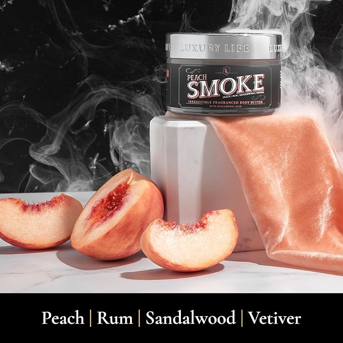 LUXURY LIFE BUTTER - Irresistibly Scented Body Butter with Hyaluronic Acid for Ultimate Moisture. Luxurious Natural Fragrance. Hydrates for a Non-Greasy Glamorous Glow, Peach Smoke, 5 oz.
