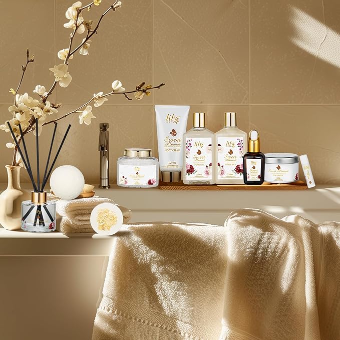 Mothers Day Gifts for Mom Spa Gift Basket Set for Women 17-Piece Almond Luxury Spa Gift Set Bath & Body Care Kit with Shower Gel, Body Cream | Valentine's, Christmas, Birthday Gifts for Her, Wife, Mom