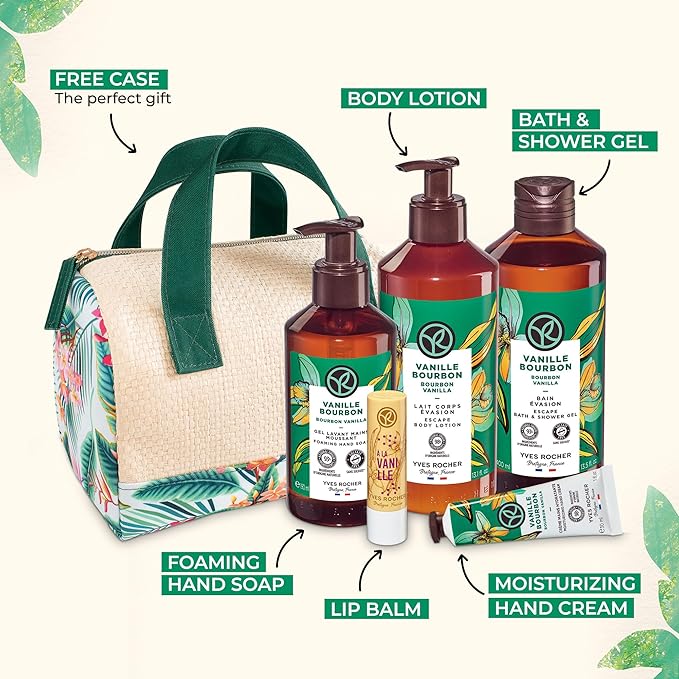 Yves Rocher Bain de Nature Vanilla 6-Piece Gift Set, Shower Gel, Hand Cream, Body Lotion, Lip Balm, Hand Soap & Vanity Bag, 6 Items