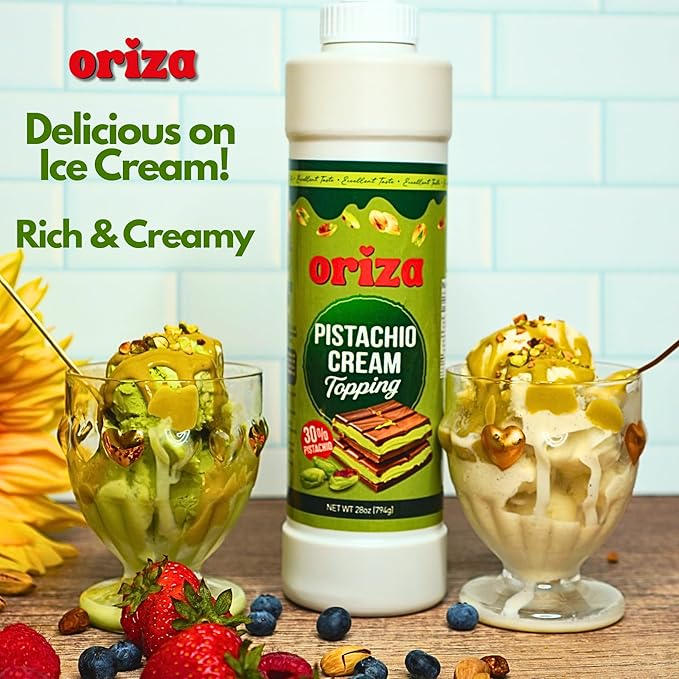Oriza Pistachio Cream Topping, 28oz Bottle (Pack of 24) – Bulk Pistachio Spread with 30% Pistachios, Palm Oil Free, Non-GMO – Ideal for Cafes, Bakeries & Restaurants