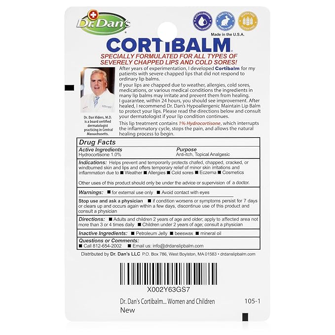 Dr. Dan's Cortibalm -3 Pack -for Dry Cracked Lips - Healing Lip Balm for Severely Chapped Lips- Designed for Men, Women and Children