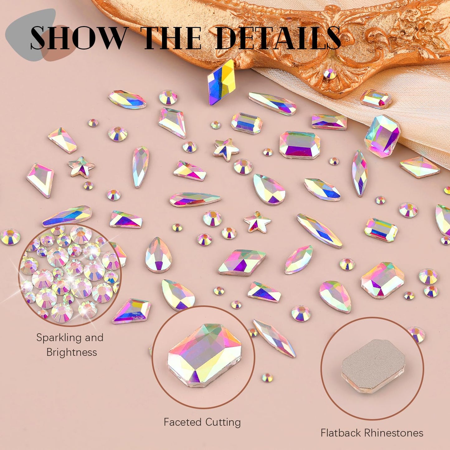 AB Glass Nail Rhinestones & Gems - 3220 Pcs Multi Shapes + 3100 Pcs Round Crystal with Glue Gel for Nail Art