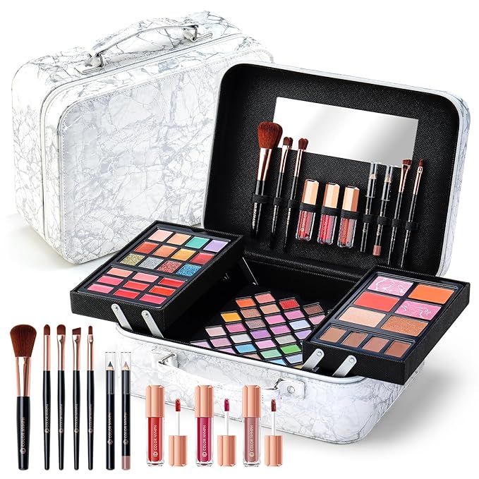 Makeup Kit for Women,All in One Makeup Gift Set for Girls in Cosmetic Train Case (White) With Mirror,Full Cosmetic Kit Includes Eyeshadow Palette,Lipgloss,Blushes,Pencil,Brush Applicators