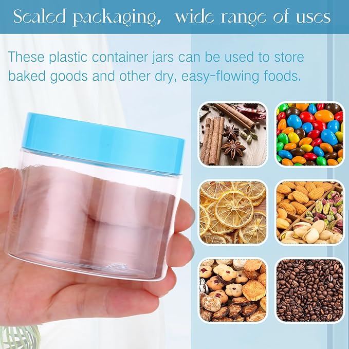 SATINIOR 24 Pieces Empty Clear Plastic Jars with Lids Round Storage Containers Wide Mouth for Beauty Product Cosmetic Cream Lotion Liquid Butter Craft and Food(Blue Lid,2 oz)