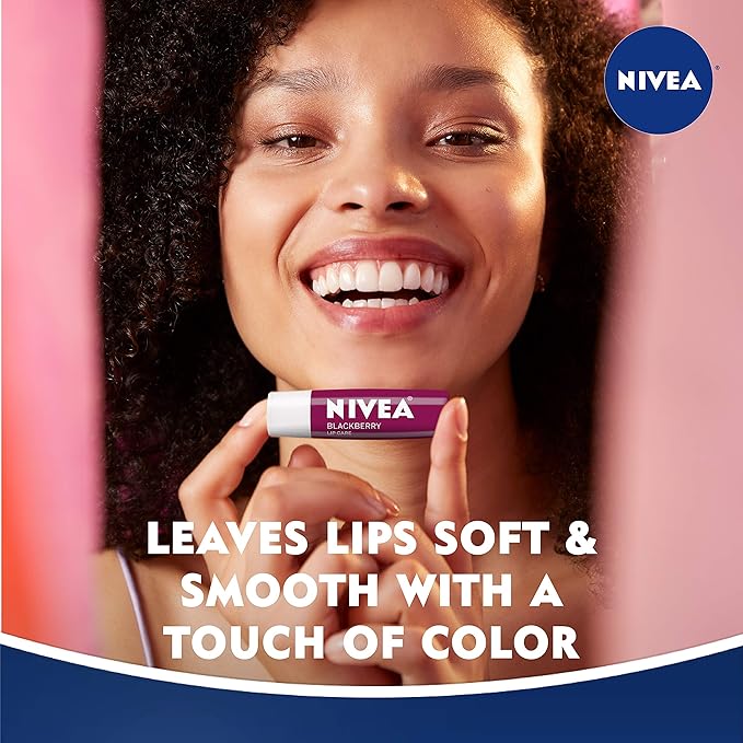 NIVEA Lip Balm, Blackberry Flavored Tinted Lip Balm Stick with Shea Butter and Jojoba Oil, 0.17 Oz, Pack of 4
