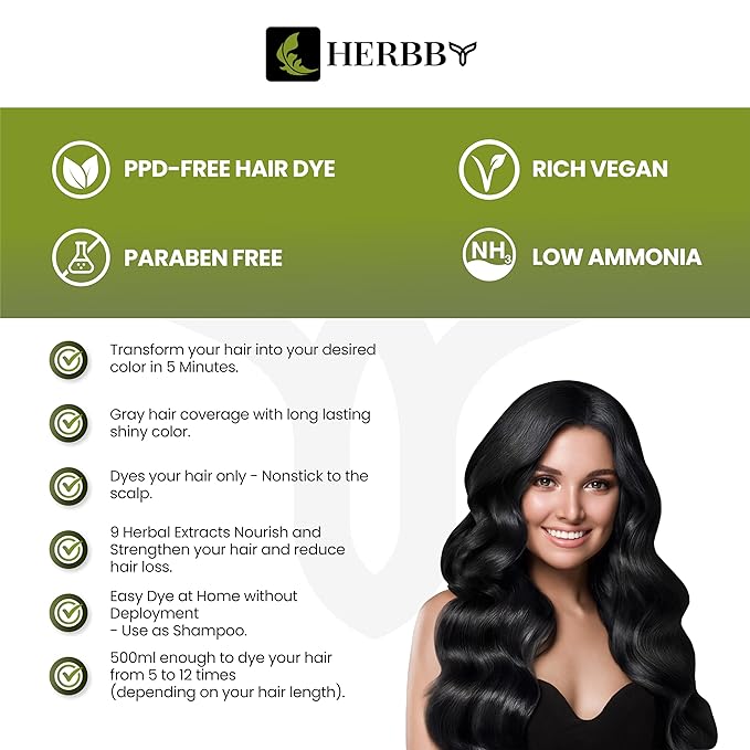 Hair Color Shampoo for Gray Hair Coverage&Color Transform with 9 Herbal Extracts –Long Lasting(6-8 Weeks),Shiny,Evenly Colored,Instant Hair Dye Shampoo&Conditioner,500 Ml (NATURAL BLACK COLOR)
