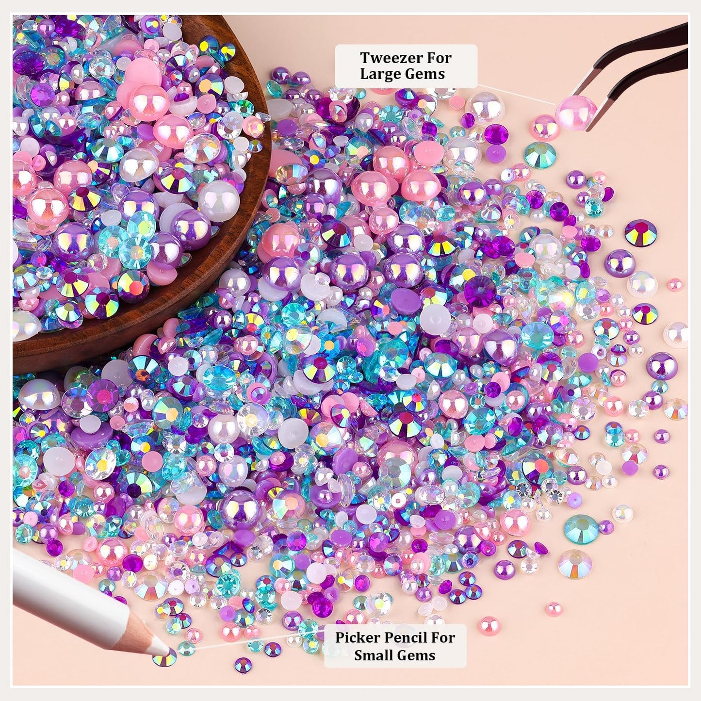 9000PCS Flatback Pearls and Rhinestones for Crafting, Pink Purple 3-10mm Resin Rhinestones and Half Pearls for Bedazzling, Nail Art and Dec with 3pcs B7000 Jewelry Glue, Tweezer and Pickup Pencil
