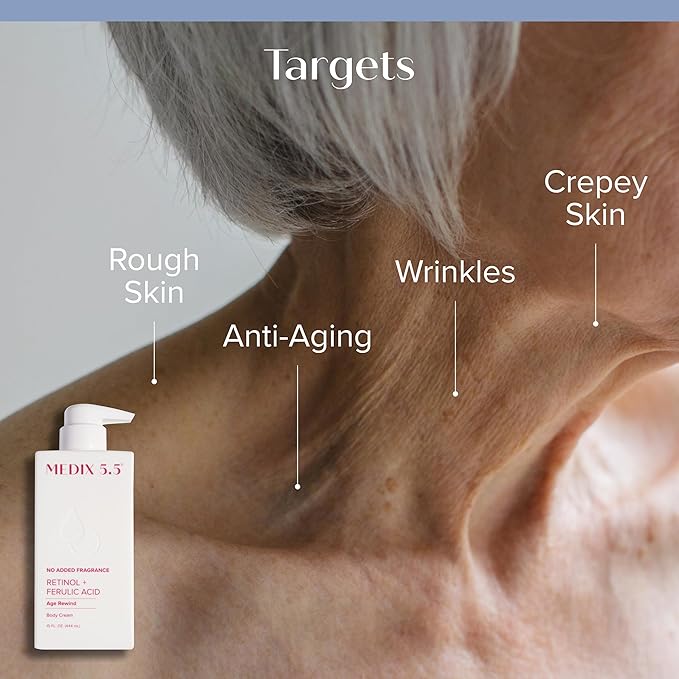 MEDIX Fragrance Free Firming Retinol Body Lotion + Brightening Vitamin C Cream 2pc Skin Care Set | Crepey Skin Care Treatment | Anti Aging Body Cream & Face Moisturizer For Crepe Skin & Dark Spots