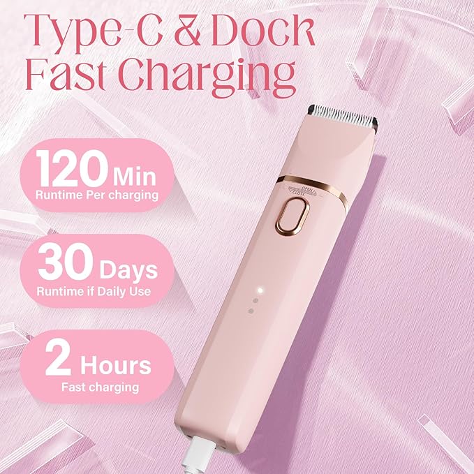 Bikini Trimmer for Women: 3 in 1 Gentle&Painless Electric Razor for Women,120min Cordless Runtime,USB Charge Dock,Ceramic Blade,IPX7 Waterproof Wet & Dry Use &Easy Cleaning Travel Grooming Kit (Pink)