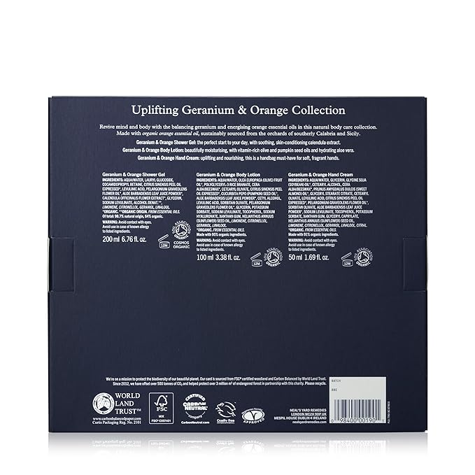 Neal's Yard Uplifting Geranium & Orange Collection with Geranium Essential Oil, For All Skin Types, Vegetarian Approved, Cruelty Free, 3 Piece Set