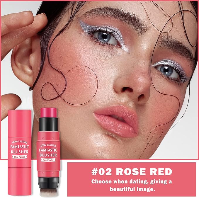 Cream Blush Stick with Brush, Waterproof, Long Lasting, Natural Finish, Rose Red - Compact Stick for All Skin Tones