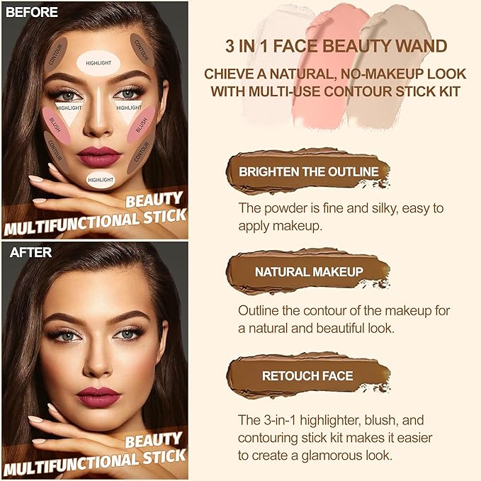 Lezero 3Pcs Contour Stick Makeup Kit, Shades with Highlighter, Blush and Bronzer Stick for Sculpt the Face and All Skin Type, Long Lasting, Smooth, Dewy & Matte Finish, #1 FAIR