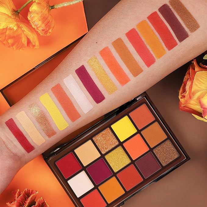 UCANBE Orange Eyeshadow Makeup Palette, 15 Colors Vibrant Shimmer Matte Glitter Eye Shadow Pallet, High Pigmented Warm Yellow Sunset Red Coral for Fall Cosplay Halloween Costume Parties Pumpkin Makeup
