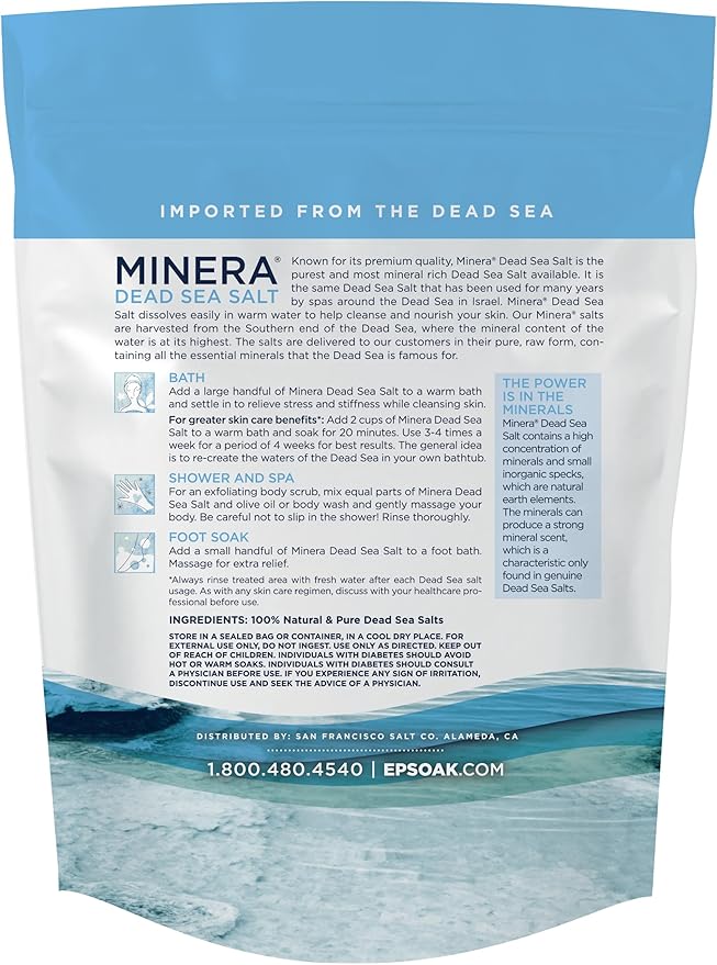 Minera Fine Grain Dead Sea Salt for Bath & Soaking – 19 lbs, Fast-Dissolving, 100% Pure & Natural, Unscented, Skin-Nourishing Bulk Sea Salt