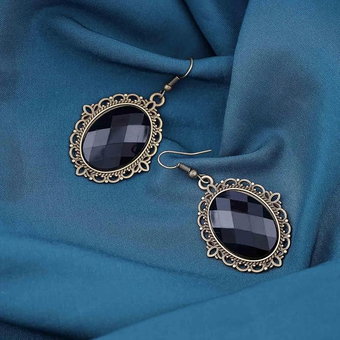 Vintage Black Crystal Drop Earrings Oval Onyx Dangle Earrings Large Onyx Stud Earrings Black Gem Hook Earrings Jewelry for Women and Girls